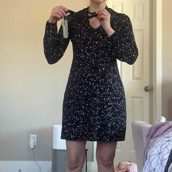 Michael Kors, black dress w blue/silver Star Foil pattern Chain Fringe tie, XS - Picture 4 of 9